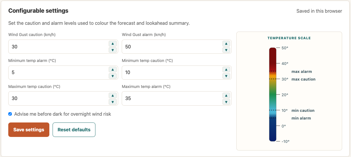 NomadWeather configurable wind gust and temperature caution and alarm settings, with a temperature colour scale