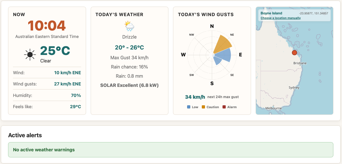 NomadWeather current conditions, today's forecast, a next-24-hour wind gust rose and a map of the selected location